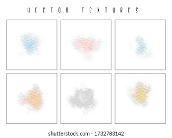 Conjunto de las texturas de radiado con puntos de semitono. Fondos abstractos vectores, superposiciones. Elementos de arte minimalistas para carteles publicitarios, historietas, afiches, empaque. 