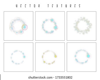 Set of the halftone dotted radiate textures. Vector abstract backgrounds, overlays. Minimalists art elements for advertisement banners, comic books, posters, packaging. 
