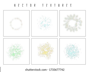 Set of the halftone dotted radiate textures. Vector abstract backgrounds, overlays. Minimalists art elements for advertisement banners, comic books, posters, packaging. 