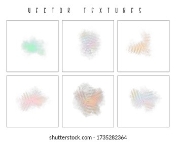 Set of the halftone dotted radiate textures. Vector abstract backgrounds, overlays. Minimalists art elements for advertisement banners, comic books, posters, packaging. 
