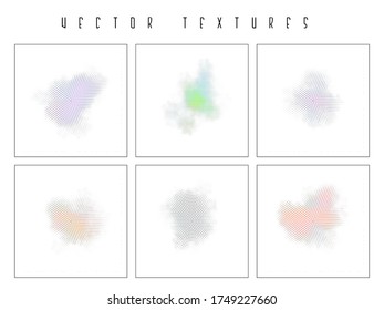 Set of the halftone dotted radiate textures. Vector abstract backgrounds, overlays. Minimalists art elements for advertisement banners, comic books, posters, packaging. 