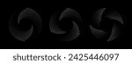 Set of halftone dotted speed lines in circle form. Abstract geometric circles with rotating radial lines. Design element for logo, prints, template or posters. Vector illustration.