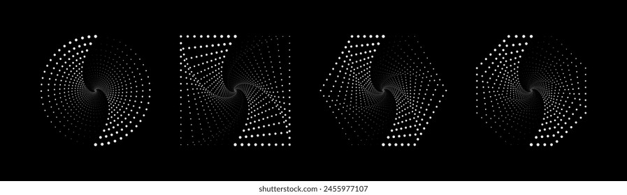 Set of halftone dotted speed lines in circle, square, hexagon and octagon form. Abstract geometric shapes with rotating radial lines. Design element for logo, prints, template or posters. 