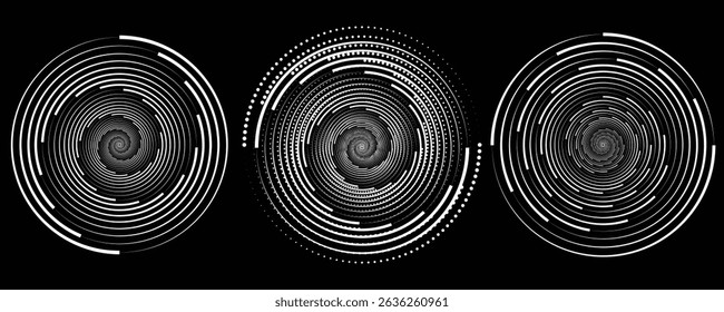 Set of halftone dotted speed lines in circle form. Abstract geometric circles with rotating radial lines. Design element for logo, prints, template or posters. Vector illustration.