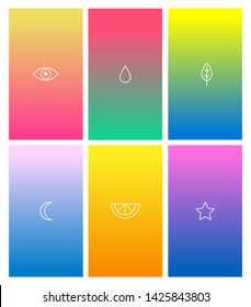 Set of halftone duotone gradients with simple white outlined icons for graphic display design. Color transitions vector template background.