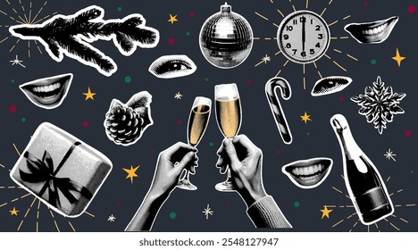 Set of halftone elements  and collage stickers. Merry Christmas and Happy New Year. Torn out of magazine shapes, champagne, disco ball, hands, eye, smiling mouth, clock, snowflack. Vector illustration