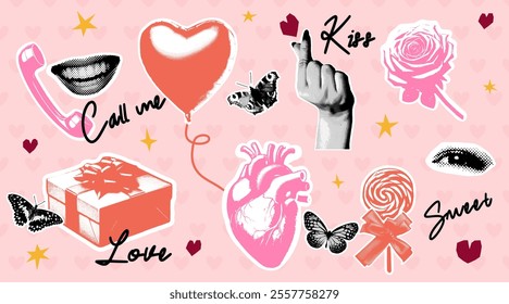 Set of halftone elements and collage stickers. Greeting cards set for Valentine's day. Torn out of magazine shapes, heart, candy, rose, balloon, phone, gift. Vector illustration