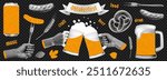 Set of halftone elements for Oktoberfest. Cutout halftone collage elements for Oktoberfest decoration. Vector beer glasses, sausages, fork, hop, beer can, pretzel, wheat. Beer festival elements.
