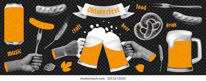 Set of halftone elements for Oktoberfest. Cutout halftone collage elements for Oktoberfest decoration. Vector beer glasses, sausages, fork, hop, beer can, pretzel, wheat. Beer festival elements.