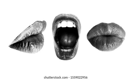 Set of Halftone Female mouths in different poses. Wide open mouth and closed kissing lips, side and front view