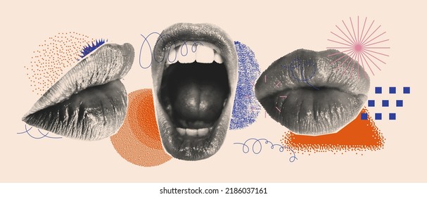 Set of Halftone Female mouths in different poses. Wide open mouth and closed kissing lips, side and front view