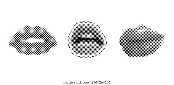 Set of Halftone Female mouths in different poses.
 90s style halftone shape for trendy collage. Dots texture. Contemporary style. Vector illustration