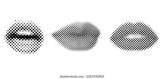 Set of Halftone Female mouths in different poses.
 90s style halftone shape for trendy collage. Dots texture. Contemporary style. Vector illustration
