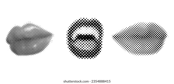 Set of Halftone Female mouths in different poses.
 90s style halftone shape for trendy collage. Dots texture. Contemporary style. Vector illustration