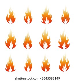 Ensemble d'icônes en demi-teintes avec dégradé orange-rouge. Symboles de feu stylisés en pointillés pour un style rétro comique, un design d'avertissement ou des visuels de concept à chaud.