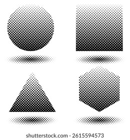 Set of halftone geometric shapes circle, triangle, square and hexagon with fading black dots and shadows on white background.