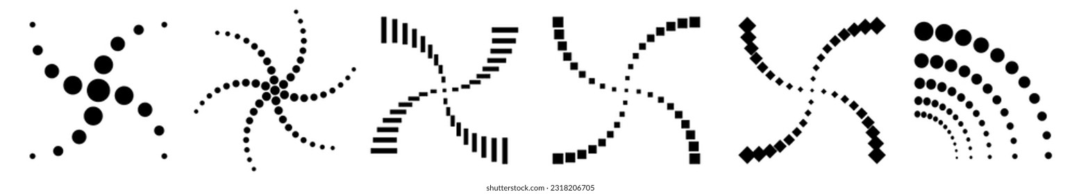 Set of halftone geometric symbols collection, abstract geometric dotted shapes. Swirling shapes. Vector black icons isolated on white background.