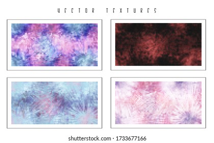 Set of the halftone geometric textures. Minimalists backgrounds. Spotted vector abstract overlays. Futuristic patterns for web design, advertisement banners, comic books, posters, packaging. 