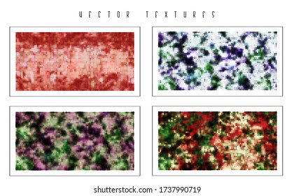 Set of the halftone geometric textures. Minimalists backgrounds. Spotted vector abstract overlays. Futuristic patterns for web design, advertisement banners, comic books, posters, packaging. 