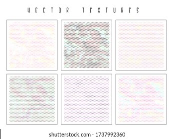 Set of the halftone geometric textures. Minimalists backgrounds. Spotted vector abstract overlays. Futuristic patterns for web design, advertisement banners, comic books, posters, packaging. 