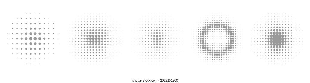 Set of Halftone Gradient Circles Backgrounds. Geometric Fade Pattern. Round Gradient Black and White Circle Texture. Raster Round Retro Dots. Isolated Vector Illustration.