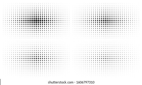 Set of Halftone gradient textures isolated on white background. Comic dotted pattern using halftone circle dot raster texture. Pop art retro style. Vector blot half tone collection. 