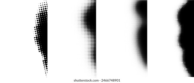 Set of halftone gradient wave patterns. Wavy backgrounds. Half tone curve textures. Gradient dots patterns. 