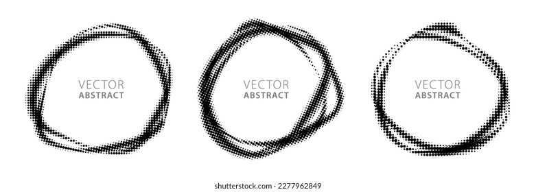 Set of Halftone Graphic Elements. Circular Doodle Frames. Vector Monochrome Illustration.
