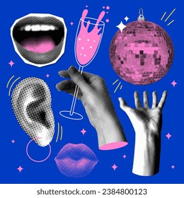 Set of halftone hand holding drink, lips, ear, smile, disco ball. Retro set of halftone Christmas and New Year design elements. Trendy modern newspaper collage. Party time. Holiday celebration.