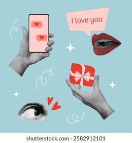 Set of halftone hands, eye and lips for Valentine's day design. Template for birthday card, invitation, social media, flyer, banner, poster. Vector illustration