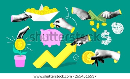 Set of halftone hands holding coins. Money concept. Modern collage Concepts of financial, economics and savings. Throw coin into piggy bank, sales chart, capital growth