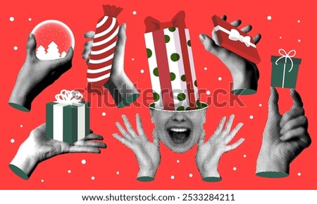 Set of halftone hands holding gift boxes. Collection of Christmas and New Year presents. Modern collage with body parts cut out of newspaper