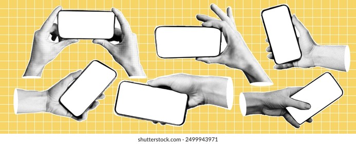 Set of halftone hands holding phone with empty display. Trendy elements in retro pop art style