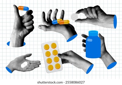 Set of halftone hands holding pills. Concept of medicine and treatment. Hands holding medicines. Modern collage