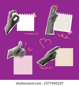 Set Halftone hands with notebook sheet. Trendy retro style. The concept of writing goals and plans.