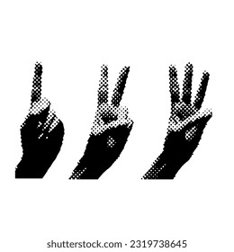Set of halftone hands. One two three. Vector illustration with gestures of hands with halftone effects for decoration of retro banners and vintage postres. Collection of collage elements.