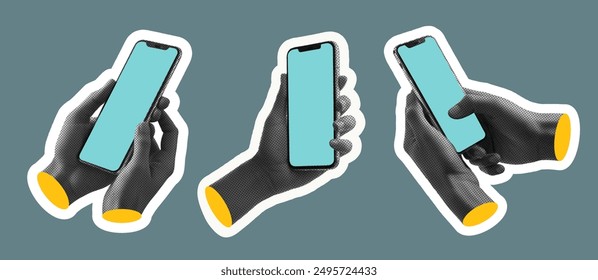 Set of halftone hands with a phone. Modern fashion illustration for banner design, poster design, business planning, presentations and more. Online purchase, online banking