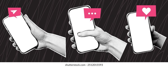 Set of halftone hands with phone and speech bubbles. Trendy collage elements in retro pop art style