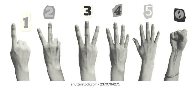 Set of halftone hands showing gestures counting from zero to five isolated on white background Trendy creative collage elements Cut magazine style Contemporary art Modern design. Vector illustrations
