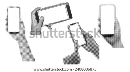 Set of halftone hands with smartphone.Illustration with hand holding phone with blank display. Collection of collage elements. Vector illustration