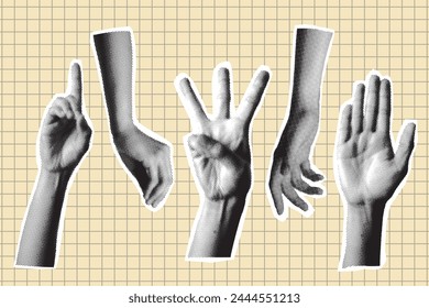 set of halftone hands. Trendy halftone style for collages. Modern vector illustration.