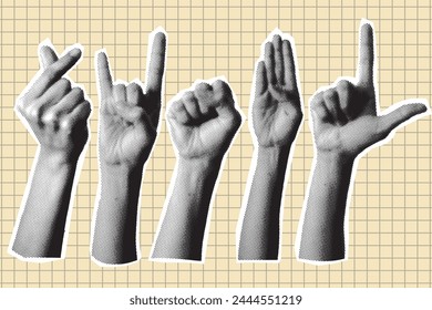 set of halftone hands. Trendy halftone style for collages. Modern vector illustration.