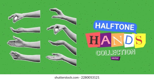 Set of halftone hands. Vector illustration with gestures of hands with halftone effects for decoration of retro banners and vintage postres. Collection of collage elements.