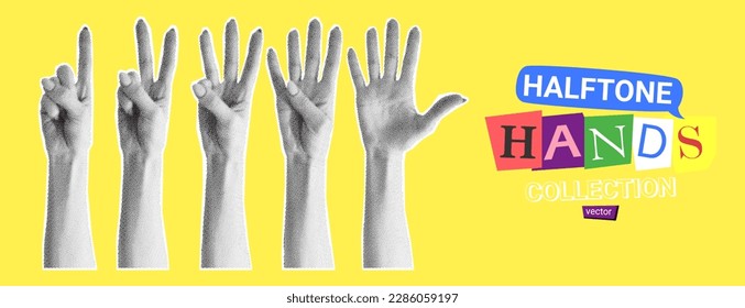 Set of halftone hands. Vector illustration with gestures of hands with halftone effects for decoration of retro banners and vintage postres. Collection of collage elements.