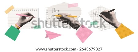 Set of halftone hands writing with pen on torn sheets of paper with scotch tape. Contemporary cutout collage for design template. Vector