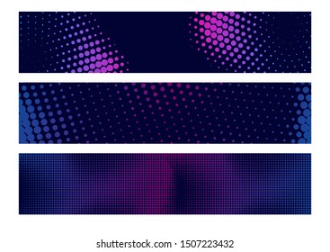 Set of halftone horizontal banners. Neon dots on a dark blue background. Vector illustration