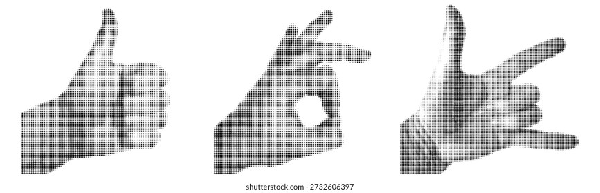 Conjunto de manos humanas de semitono. Patrón de puntos negros de Vector. Elemento de collage, ok y símbolo de rock and roll. Plantilla de collage retro vintage de moda.