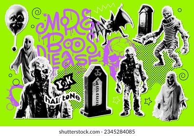 Set von Illustrationen von Halftone für Halloween Dekoration im Retro-Offset-Stil. Große Kollektion mit realistischen Charakteren - Zombie, Mummy, Geist, Fledermaus. Vektorgrafik der 90er Jahre.