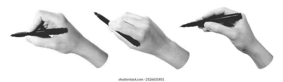 Set of halftone images of hands holding a pen