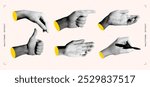 Set of halftone images of hands. Pop art retro style illustration